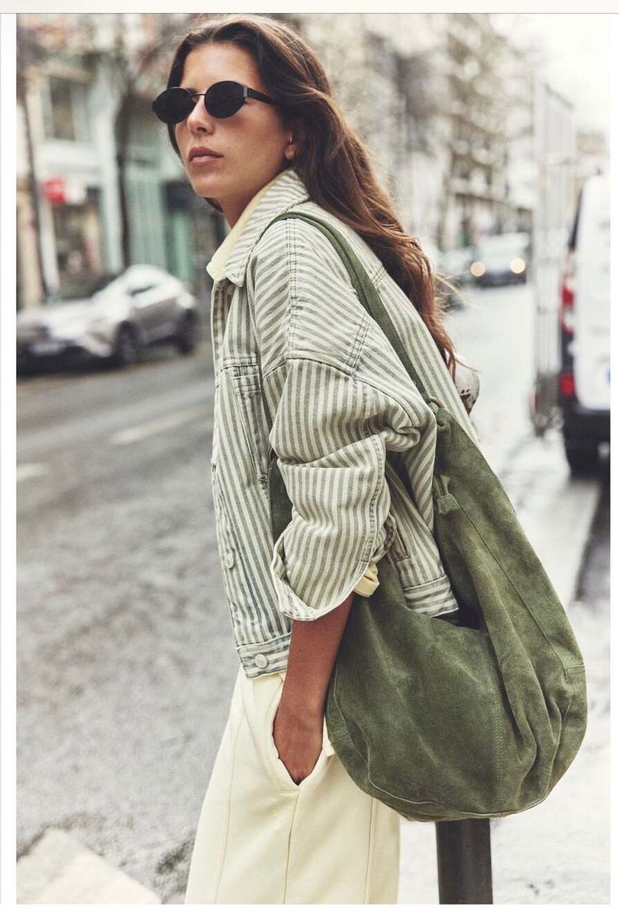 Current $98! Free People Roma Suede Tote Olive Green Hobo Handbag - Picture 7 of 7